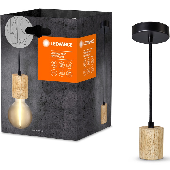 Пендел Ledvance Cylinder Wood, E27, макс. 15W LED, IP20, Дължина на кабела 1.5м, Дървен модел