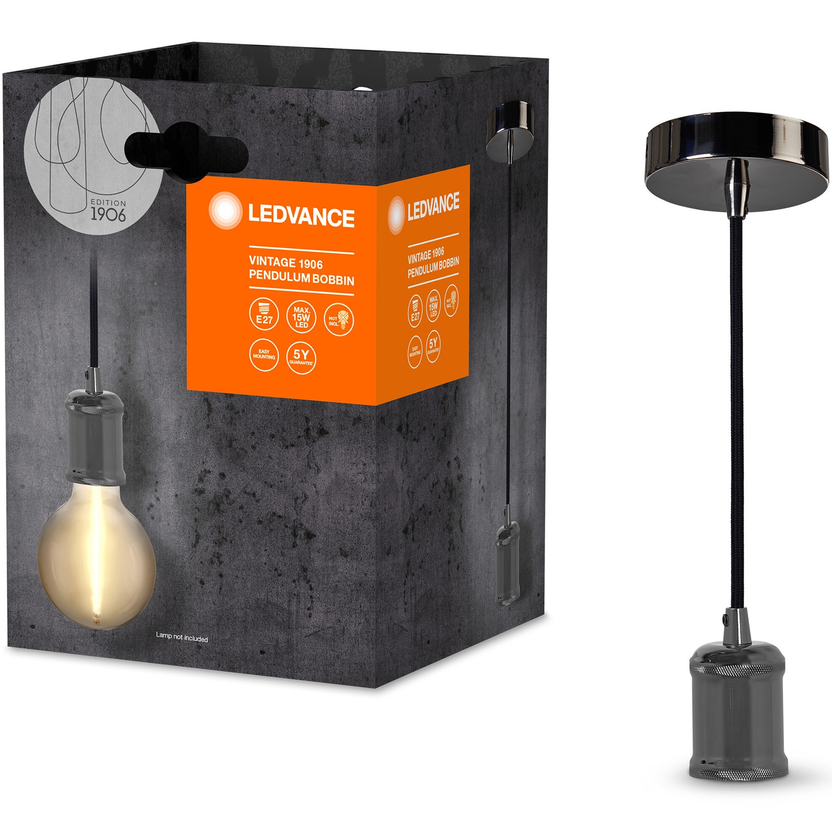 Pendul Ledvance Bobbin, E27, max. 15W LED, IP20, lungime cablu 1.5m, Gri inchis