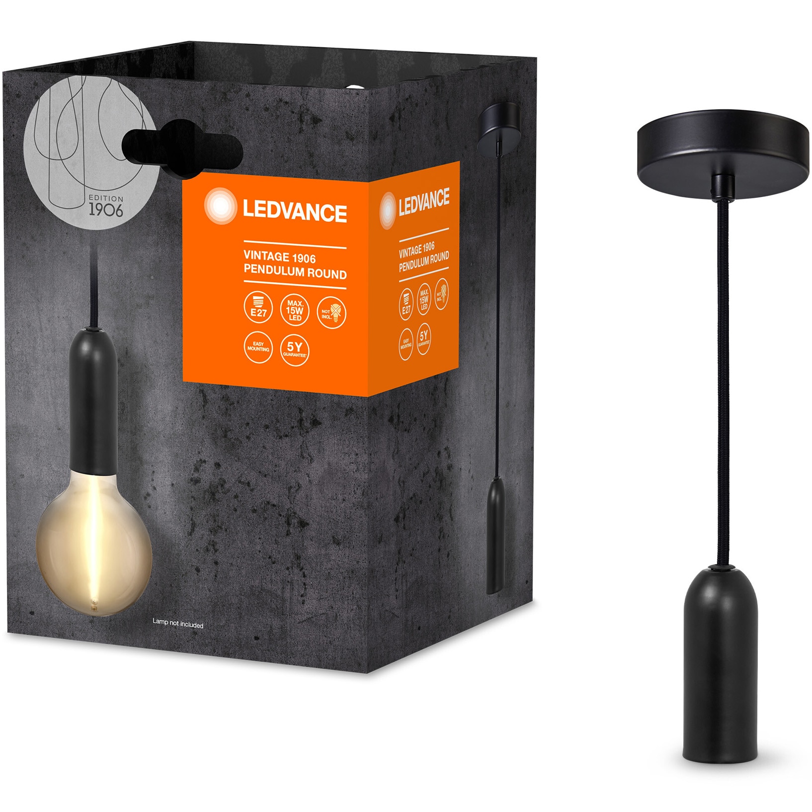 Pendul Ledvance Round, E27, max. 15W LED, IP20, lungime cablu 1.5m, Negru