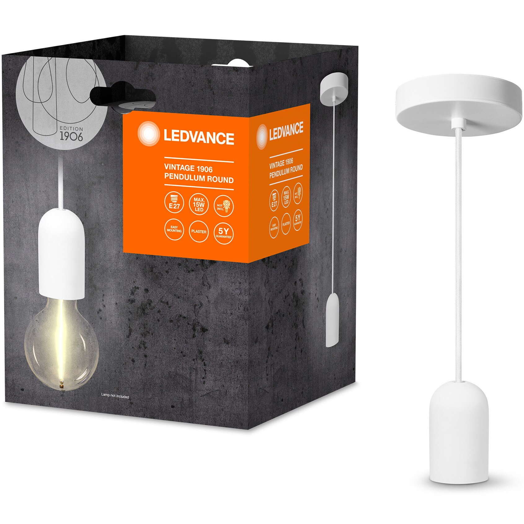 Pendul Ledvance Round Plaster , E27, max. 15W LED, IP20, lungime cablu 1.5m, Alb