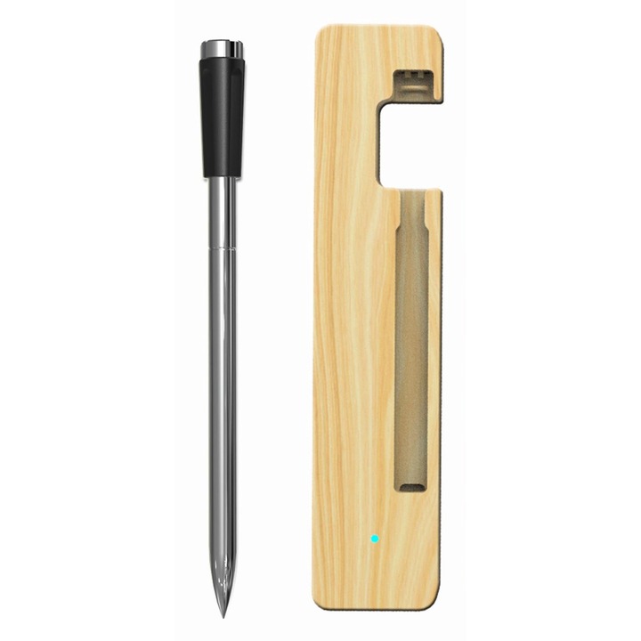 Termometru inteligent pentru alimente din otel inoxidabil, Bluetooth, wireless, incarcare USB, acoperire 200M/650FT, unghi de masurare pana la 100°, cu suport, aplicatie, IPX8, alb/negru, potrivit pentru bucatarie si gratar