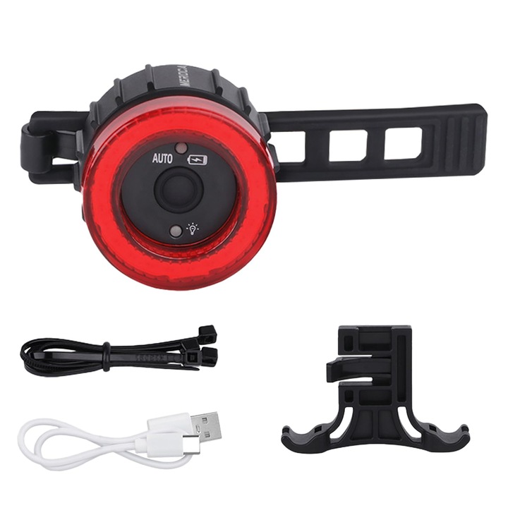 Kerékpár hátsó lámpa, fékérzékelő, COB LED, IP65 víz- és porálló, USB töltés, fekete