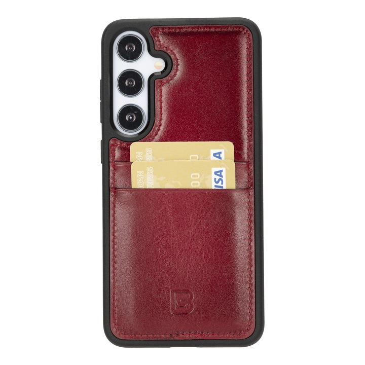 Калъф за Samsung Galaxy S24, Bouletta Flex Cover CCP, тънка естествена кожа, мека TPU рамка, заден капак с джобове за карти, лъскаво червено