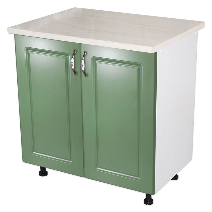 Masca pentru chiuveta cu 2 usi 80 cm Zebra, Alb/MDF Verde cu blat Travertin, 80 x 85 x 60 cm