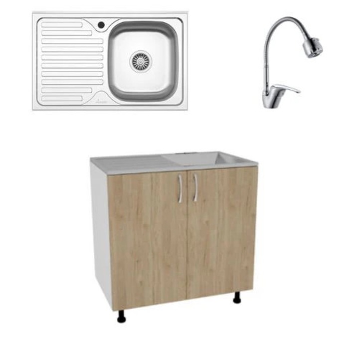 Set Masca Chiuveta haaus Karo, Lemn Natural/Alb, 80 x 50 x 80 cm, Chiuveta Inox, Cuva dreapta, Baterie Flexibila