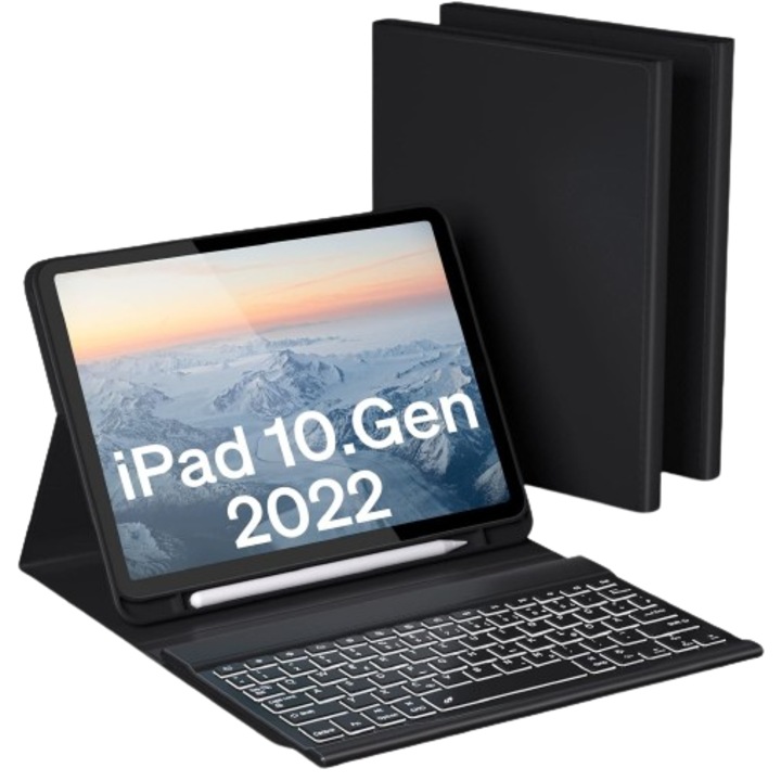 Husa Doohoeek cu tastatura Bluetooth pentru iPad de 11 inch, tastatura iluminata fara fir QWERTZ, negru