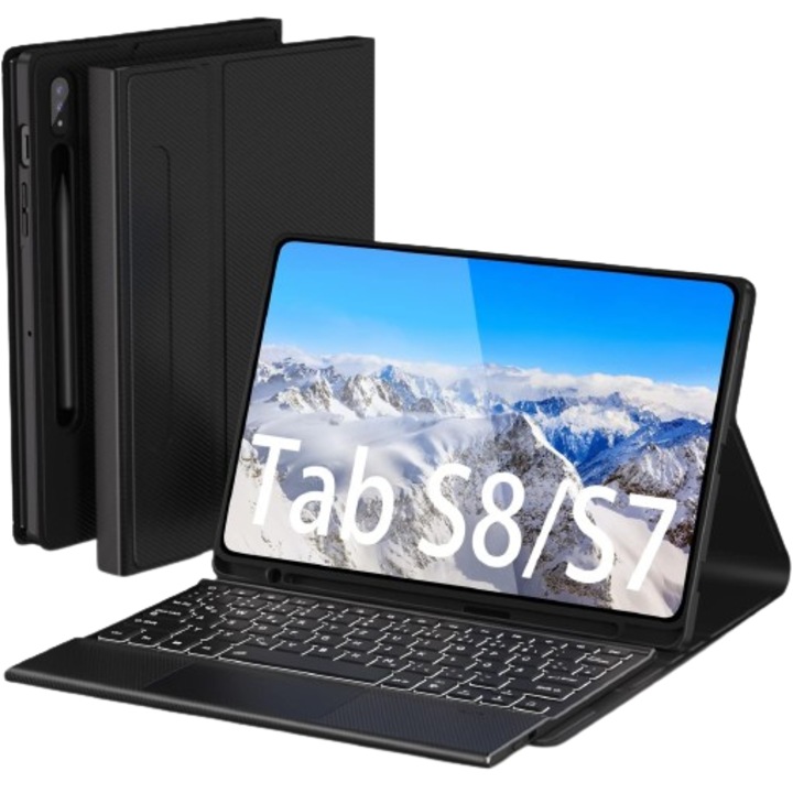 Husa cu tastatura Doohoeek Twill pentru Samsung Galaxy Tab S8 2022 de 11 inch/S7 2020, tastatura Bluetooth QWERTZ wireless cu touchpad, tastatura iluminata in 7 culori, Neagra