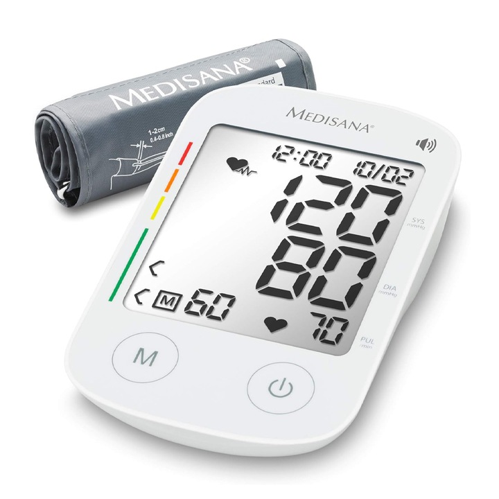 Vérnyomásmérő, Medisana BU Voice 8511783 20-14, 5 nyelv, Nagy mandzsetta: 22-36 cm, Nagy LCD kijelző, Könyök felett, Fehér