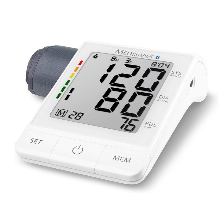 Vérnyomásmérő készülék, Medisana BU Connect 8511745 20-14, Bluetooth, Magas vérnyomás és aritmia jelző, 2 felhasználó 120 memóriapozícióval, Nagyon nagy számok, Oszcillometriás, Mandzsetta: 22-36 cm, Fehér