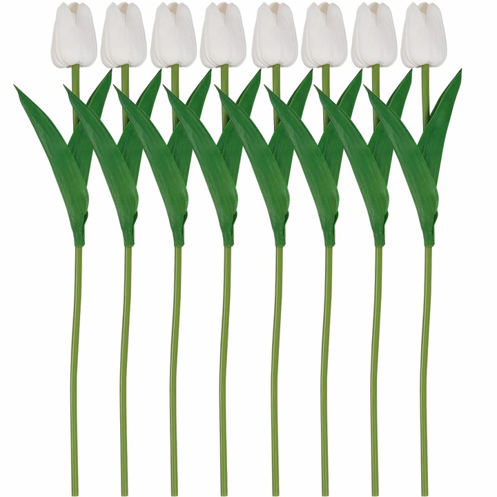 Set 10 lalele artificiale, Edibazzar, Silicon, 34 cm, Alb/Verde