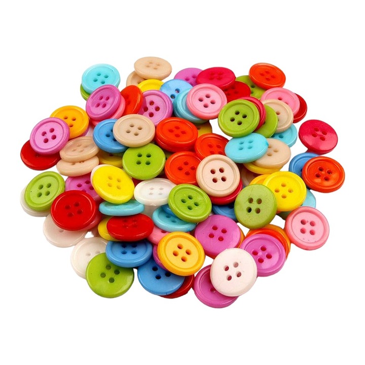 Set 100 nasturi plastic cu 4 gauri Crisalida, diametru 15 mm, marimea 24, Multicolor