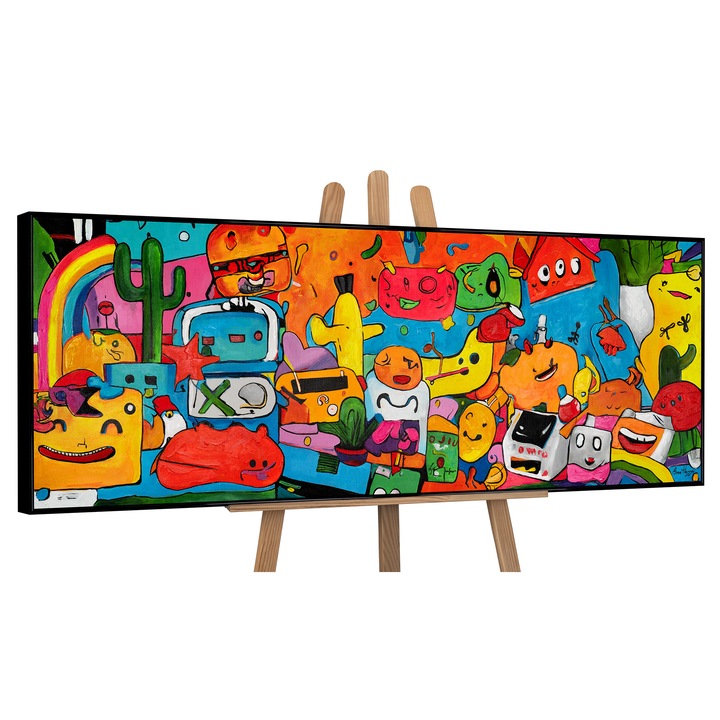 Tablou pictat manual, acrilic pe panza, Lume colorata, cu rama in Negru, 150x50 cm