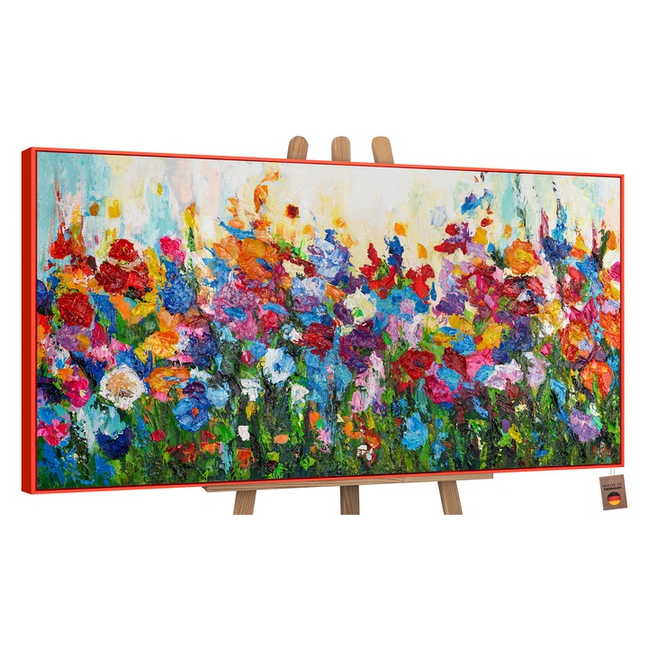 Tablou pictat manual, acrilic pe panza, Culori florale, cu rama in Rosu, 200x100 cm