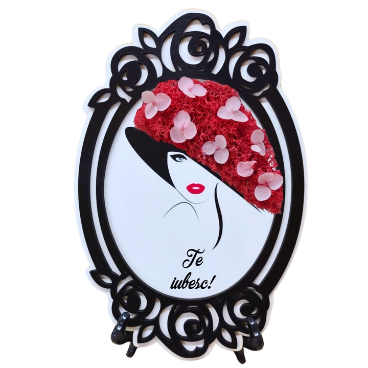 Tablou din lemn model brodat A5 (15x21 cm) - Te iubesc! - v1 decorat cu licheni stabilizati rosii si hortensii criogenate roz