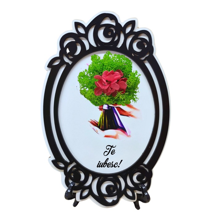 Tablou din lemn model brodat A5 (15x21 cm) - Te iubesc! - v1 decorat cu licheni stabilizati verzi si hortensii criogenate rosii