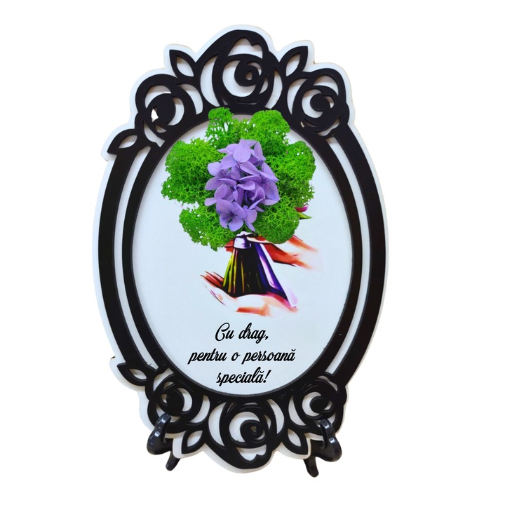 Tablou din lemn model brodat A5 (15x21 cm) - Cu drag, pentru o persoana speciala! - v1 decorat cu licheni stabilizati verzi si hortensii criogenate mov