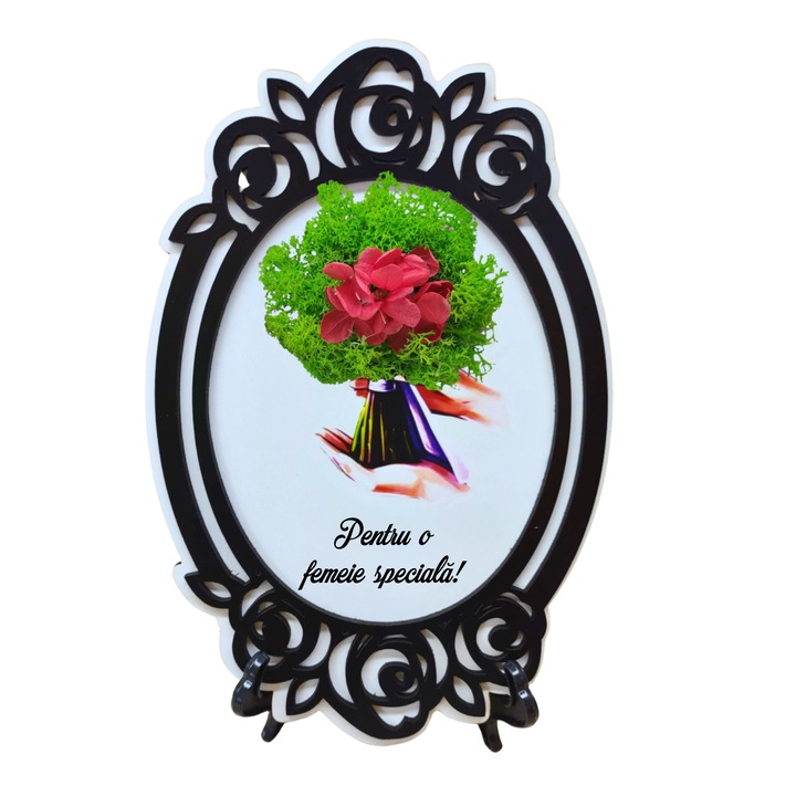 Tablou din lemn model brodat A5 (15x21 cm) - Pentru o femeie speciala! - v1 decorat cu licheni stabilizati verzi si hortensii criogenate rosii