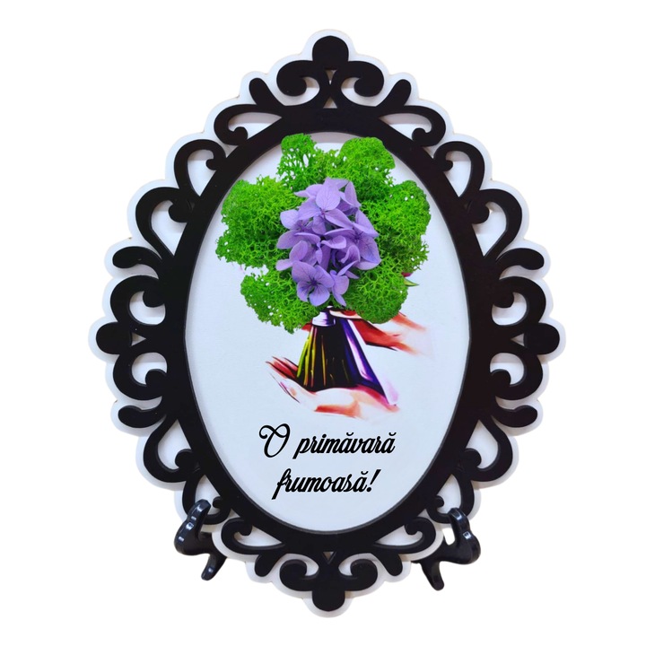 Tablou din lemn model brodat A5 (15x21 cm) - O primavara frumoasa! - v2 decorat cu licheni stabilizati verzi si hortensii criogenate mov