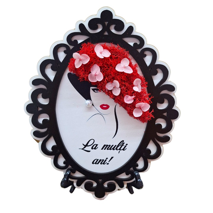 Tablou din lemn model brodat A5 (15x21 cm) - La multi ani! - v2 decorat cu licheni stabilizati rosii si hortensii criogenate roz