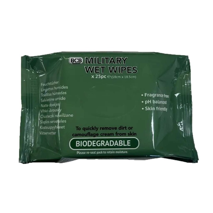 Lavete militare umede BCB, pachet resigilabil 25 bucati, curatat, spalat, igenizat, dezinfectat, biodegradabile