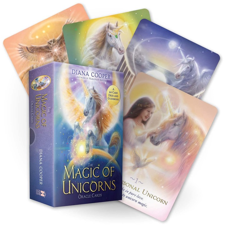 Magic of Unicorns Oracle Pack, Diana Cooper, 2005, 44 könyv, útikönyv mellékelve, sokszínű, 10x13,8x3,6 cm