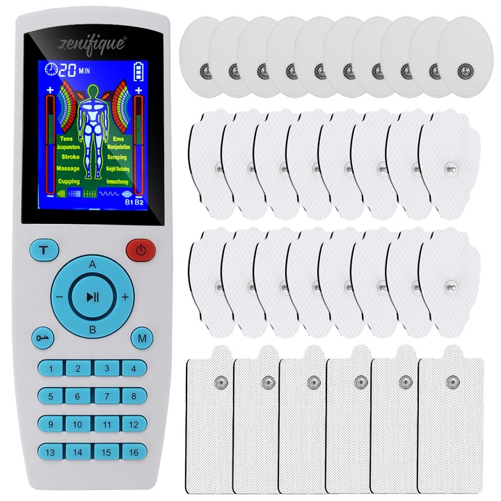 Aparat electrostimulare zenifique®, afisaj, cu 32 electrozi, 16 moduri de electrostimulare, 20 trepte de intensitate, timer, wireless, alb