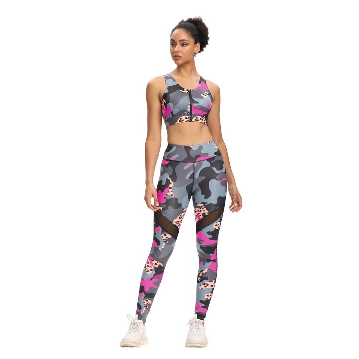 Set colanti si bustiera sport WildFashion, Poliester/Nylon, Fucsia/Gri, Gri/Fucsia