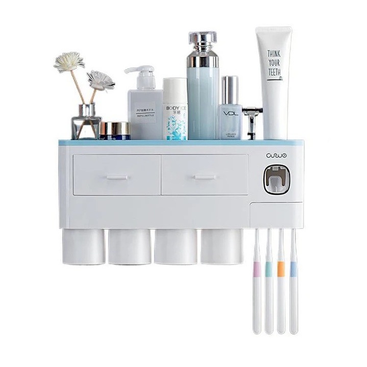 Поставка за четка за зъби, 4 магнитни чаши, 2 чекмеджета, стенен монтаж, с лесен монтаж, дозатор за паста за зъби, хигиенни продукти