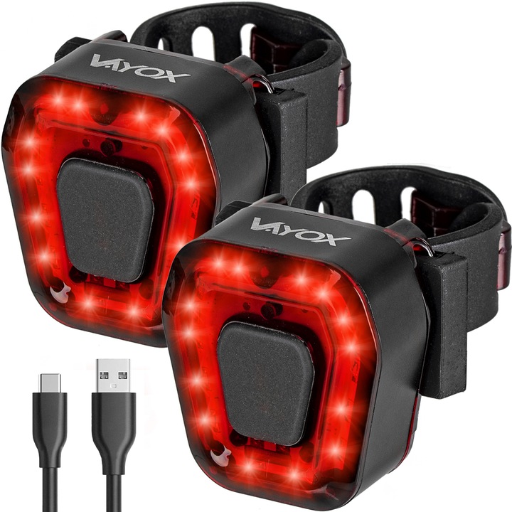 Vayox 2x VA0048 LED kerékpárlámpa készlet, 14x SMD forrás, hátsó rögzítőkapocs, 5 fénymód, USB töltés, vízálló, 100 lumen, piros
