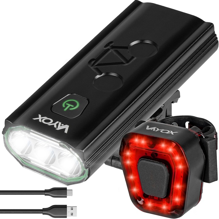 Vayox VA0112, VA0048 alumínium első és hátsó kerékpárlámpa készlet, 3x XLM1 6500K és 14x SMD forrás, 4000 mAh újratölthető akkumulátor, Powerbank funkció, 6 világítási mód, USB-C töltés, vízállóság, 980 lumen, fekete, piros