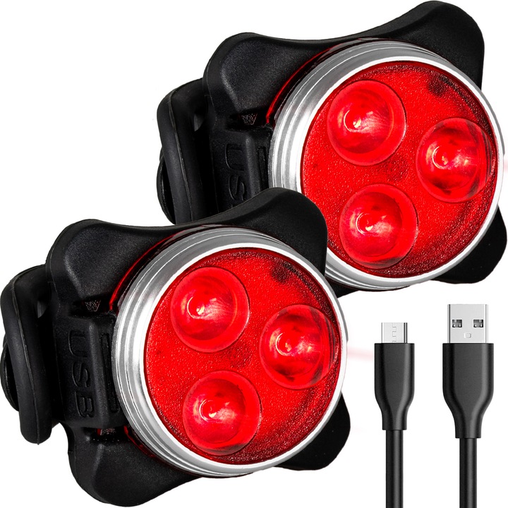 Vayox 2x VA0117 LED kerékpárlámpa készlet, 3x LED forrás, hátsó rögzítőkapocs, 4 fénymód, USB töltés, vízálló, piros