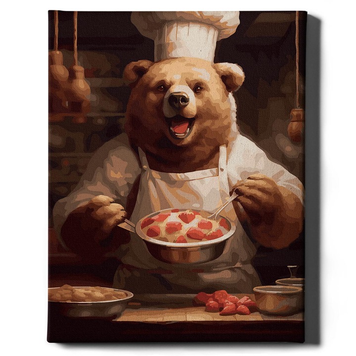 Комплект рисуване по номера Oh Art!, мечо готвач - памучно платно, дървена рамка, 40x50 см, 3 четки и акрилни бои