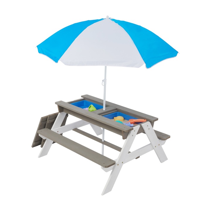 Masa de gradina pentru copii 3 in 1, GINGER HOME, umbrela cu inaltime reglabila, blat mobil pentru jocuri active in aer liber