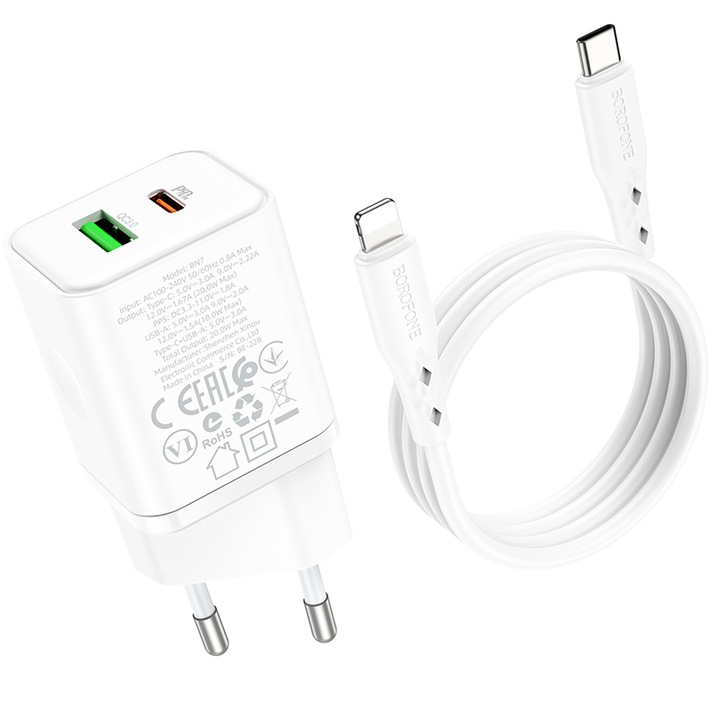 Зарядно и кабел USB-C / lightning 20W Borofone BN7 бяло