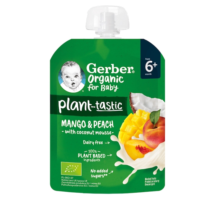 Пауч, Gerber Organic for baby, Plantastic, Храна за бебета, Пюре от манго и праскова с кокосов мус, 80g