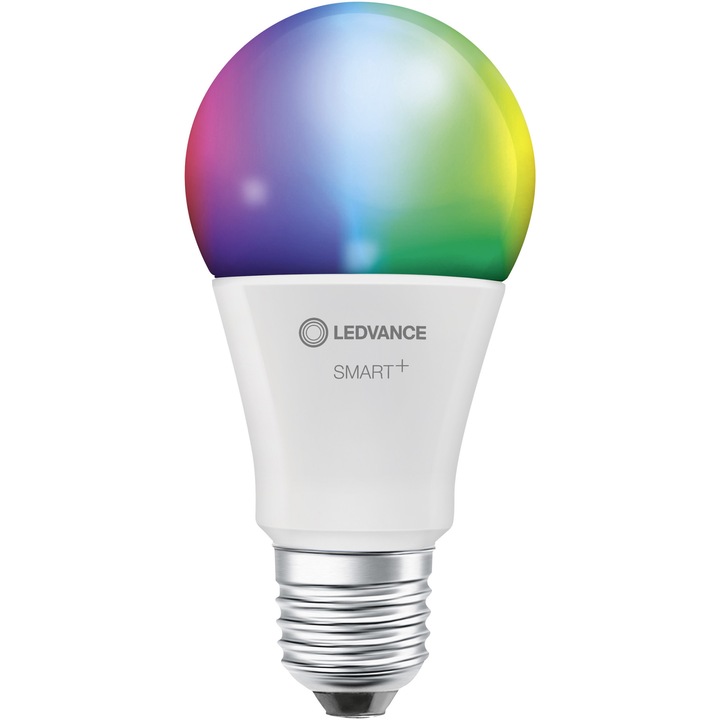 Смарт крушка LED RGBW Ledvance SMART+ Wi-Fi, A75, E27, 9.5W (60W), 1055 лумена, Димируема, Бяла и цветна светлина, Съвместима с Amazon Alexa/Google Assistant, Енергиен клас E