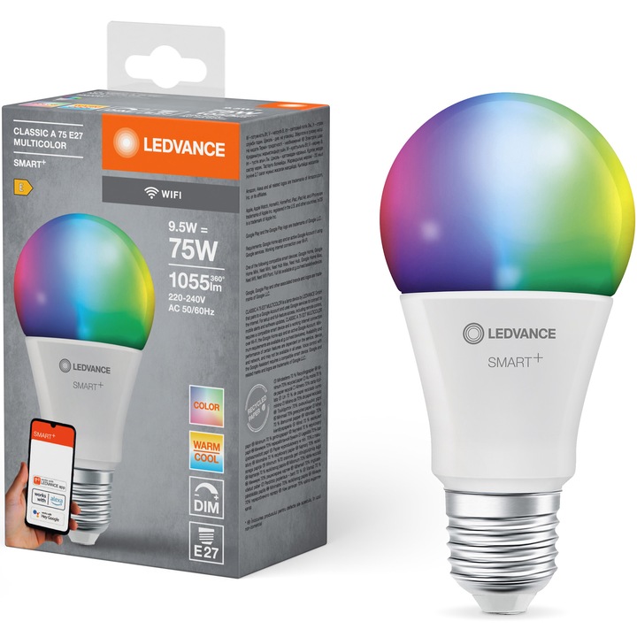 Смарт крушка LED RGBW Ledvance SMART+ Wi-Fi, A75, E27, 9.5W (60W), 1055 лумена, Димируема, Бяла и цветна светлина, Съвместима с Amazon Alexa/Google Assistant, Енергиен клас E