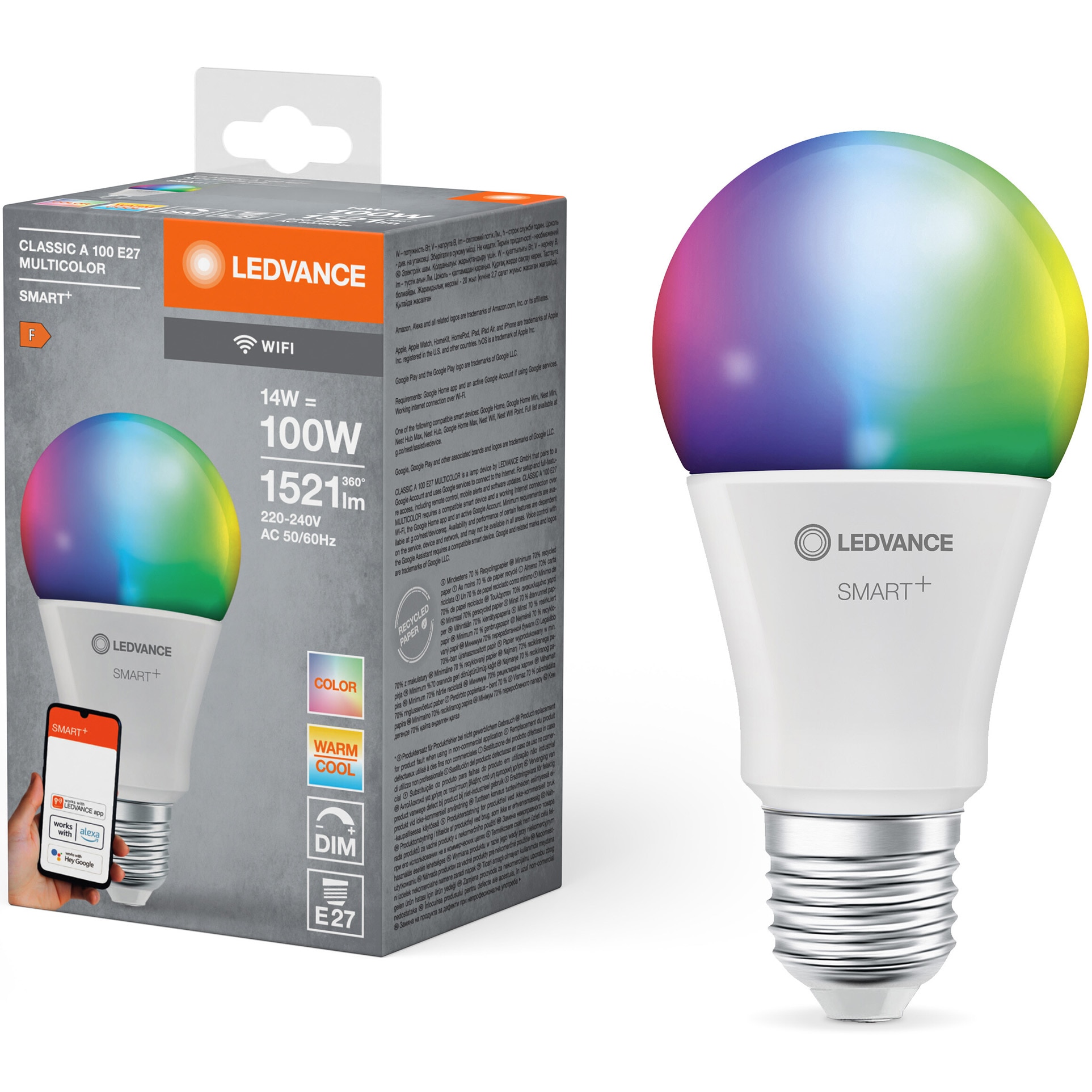 Bec inteligent LED RGBW Ledvance SMART+ Wi-Fi, A100, E27, 14W (100W), 1521 lm, dimabil, lumina alba si colorata, compatibil Amazon Alexa/Google Assistant, clasa energetica F