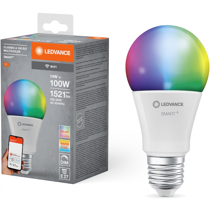 Смарт крушка LED RGBW Ledvance SMART+ Wi-Fi, A100, E27, 14W (100W), 1521лумена, Димируема, Бяла и цветна светлина, Съвместима с Amazon Alexa/Google Assistant, Енергиен клас F