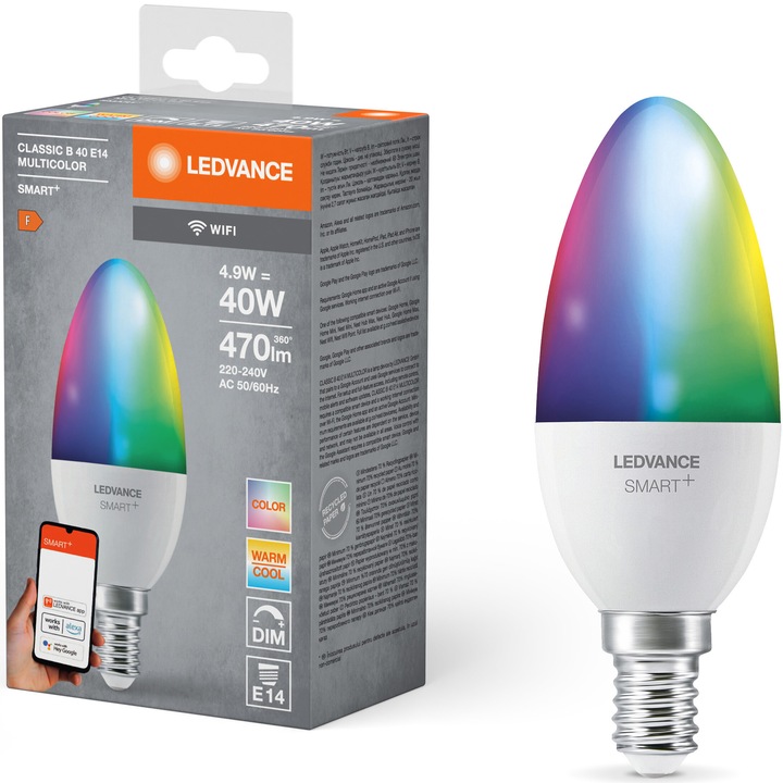 Крушка LED RGBW Ledvance SMART+ Wi-Fi, B40, E14, 4.9W (40W), 470 лумена, Димируема, Бяла и цветна светлина, Съвместима с Amazon Alexa/Google Assistant, Енергиен клас F