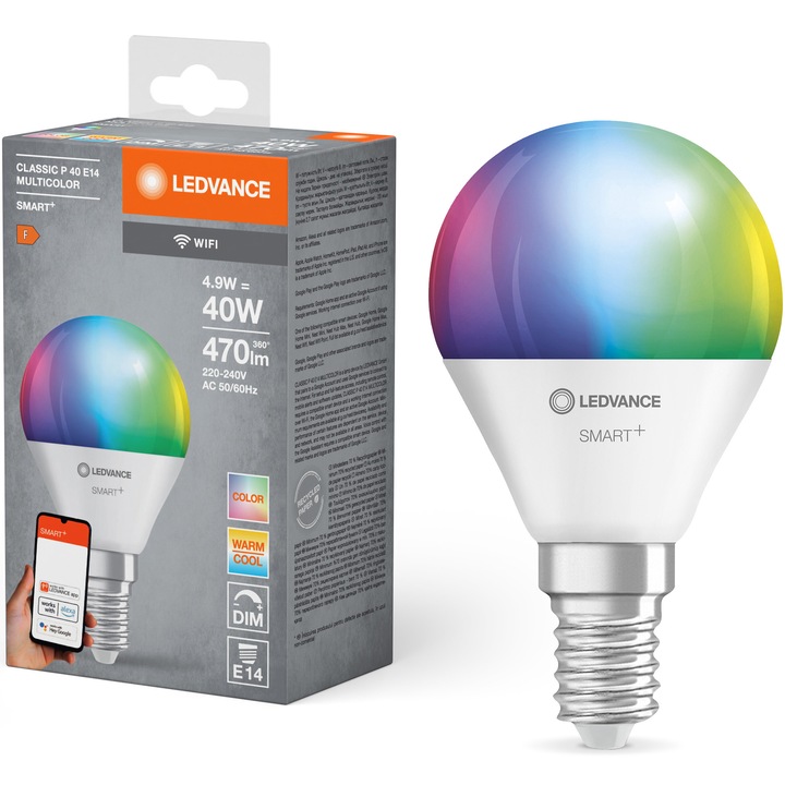 Крушка LED RGBW Ledvance SMART+ Wi-Fi, P40, E14, 4.9W (40W), 470 лумена, Димируема, Бяла и цветна светлина, Съвместима с Amazon Alexa/Google Assistant, Енергиен клас F