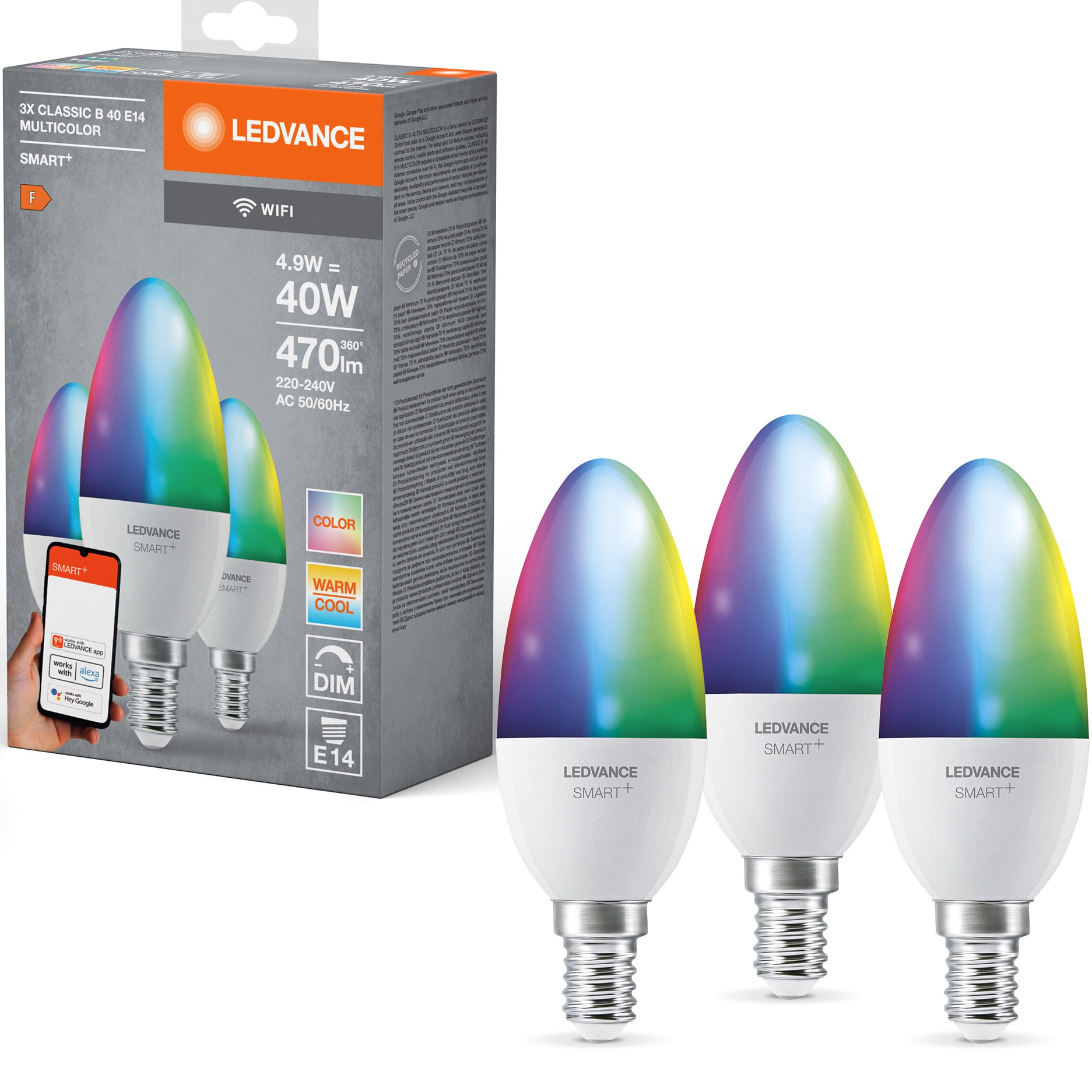 Set 3 becuri inteligente LED RGBW Ledvance SMART+ Wi-Fi, B40, E14, 4.9W (40W), 470 lm, dimabil, lumina alba si colorata, compatibil Amazon Alexa/Google Assistant, clasa energetica