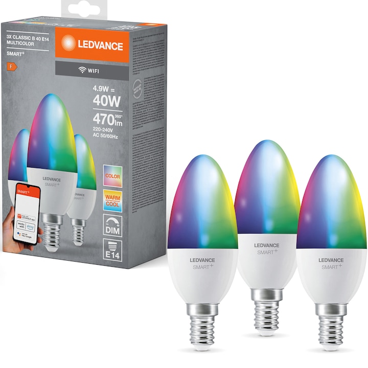 Комплект от 3 смарт крушки LED RGBW Ledvance SMART+ Wi-Fi, B40, E14, 4.9W (40W), 470 лумена, Димируеми, Бяла и цветна светлина, Съвместими с Amazon Alexa/Google Assistant, Енергиен клас F