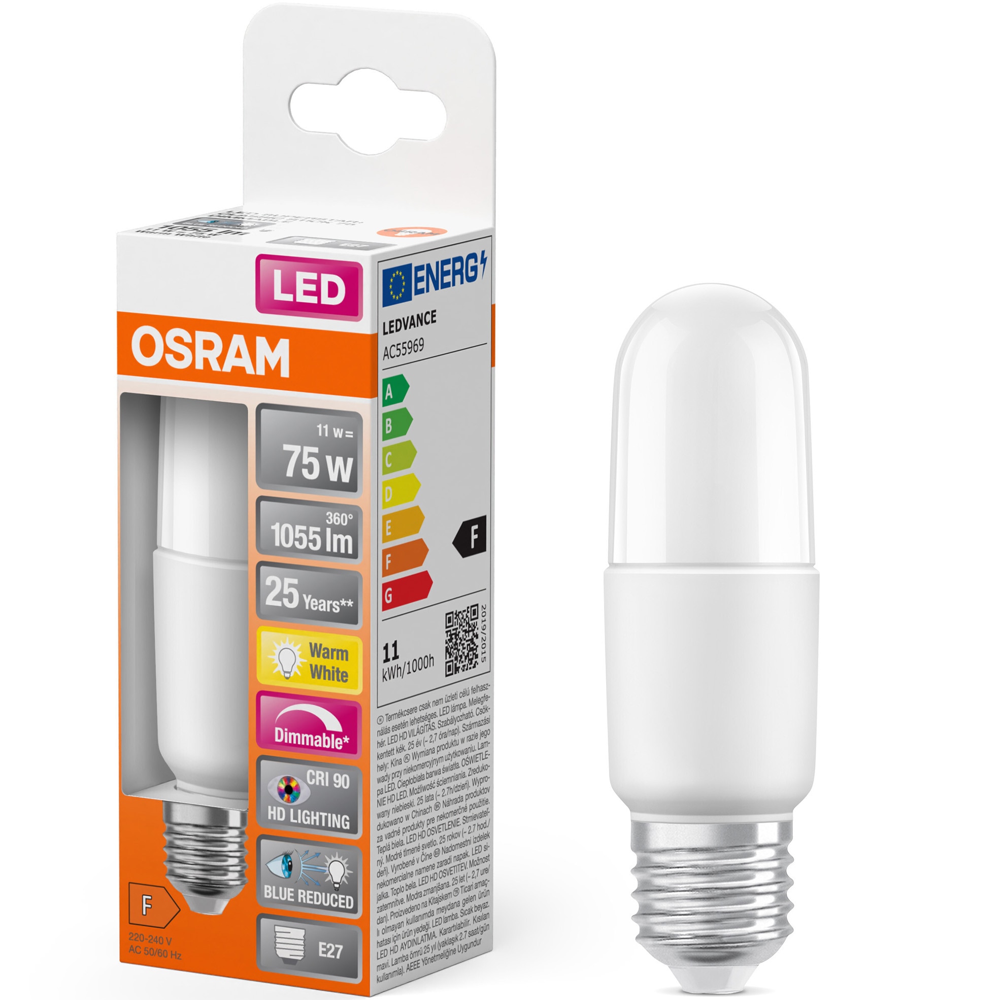 Bec LED tubular Osram Superstar Plus Stick E27, 11W (75W), dimabil, 1055 lm, lumina calda (2700K), clasa energetica F