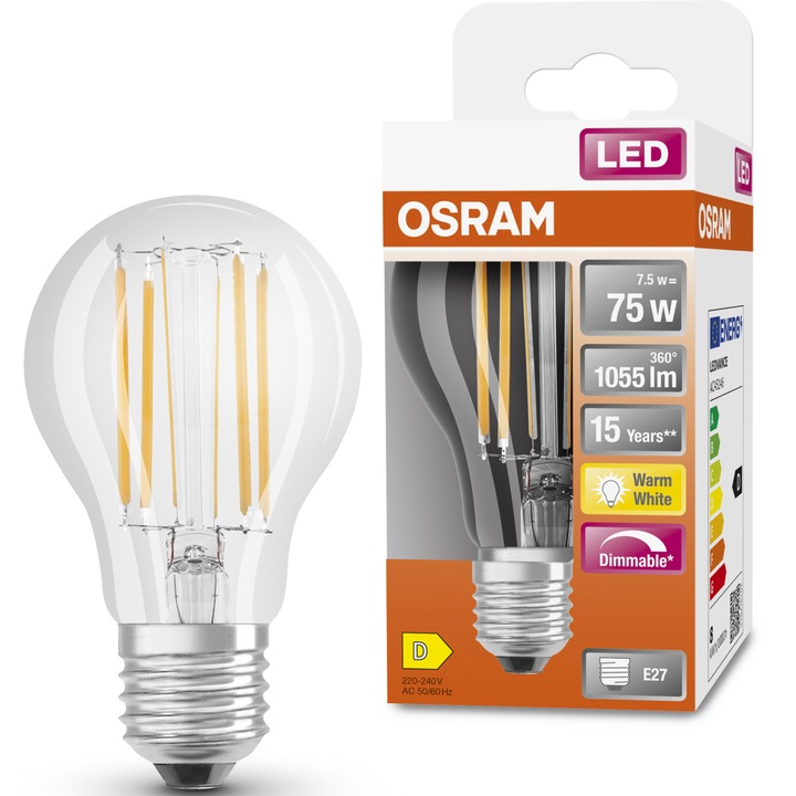 Крушка LED Osram Superstar filament, A75, E27, 7.5W (75W), Димируема, 1055 лумена, Топла светлина (2700K), Енергиен клас D