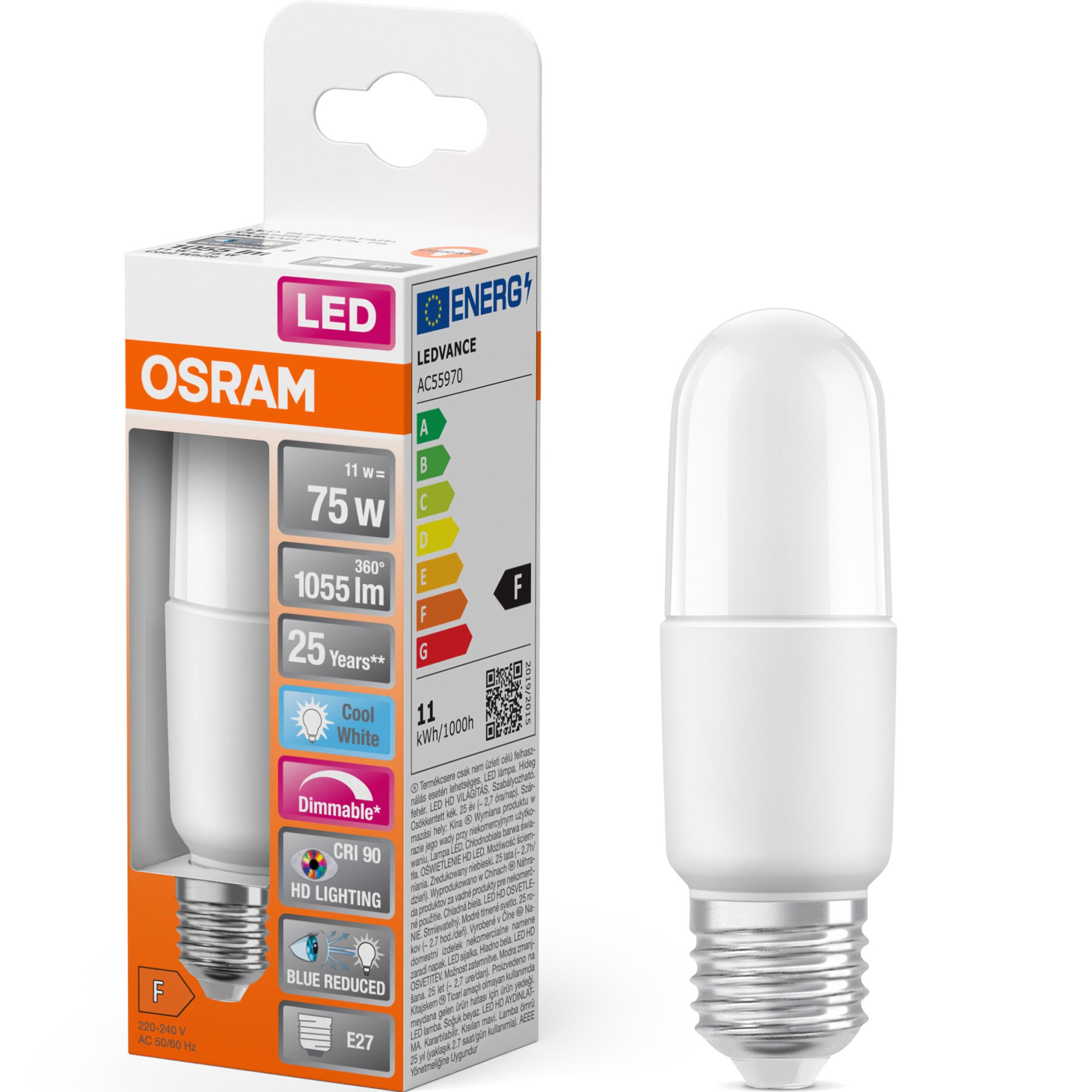 Bec LED tubular Osram Superstar Plus Stick E27, 11W (75W), dimabil, 1055 lm, lumina rece (6500K), clasa energetica F
