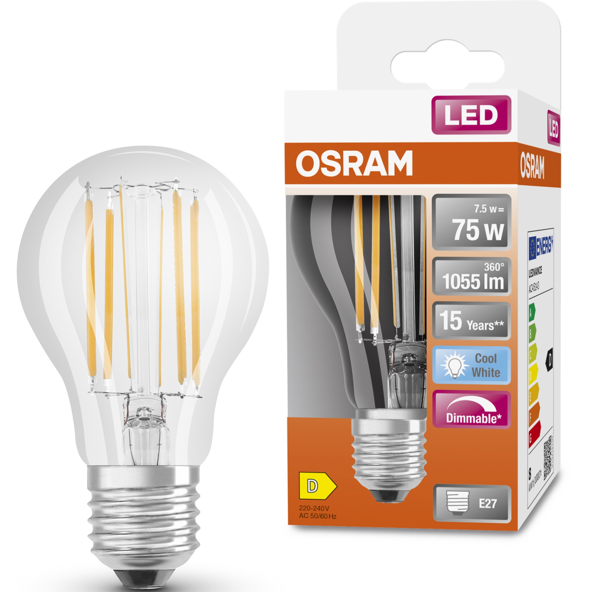 Bec LED Osram Superstar filament, A75, E27, 7.5W (75W), dimabil, 1055 lm, lumina neutra (4000K), clasa energetica D
