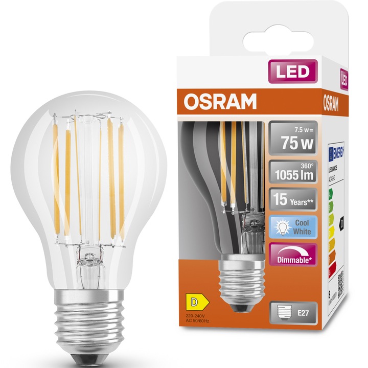 Крушка LED Osram Superstar filament, A75, E27, 7.5W (75W), Димируема, 1055 лумена, Неутрална светлина (4000K), Енергиен клас D