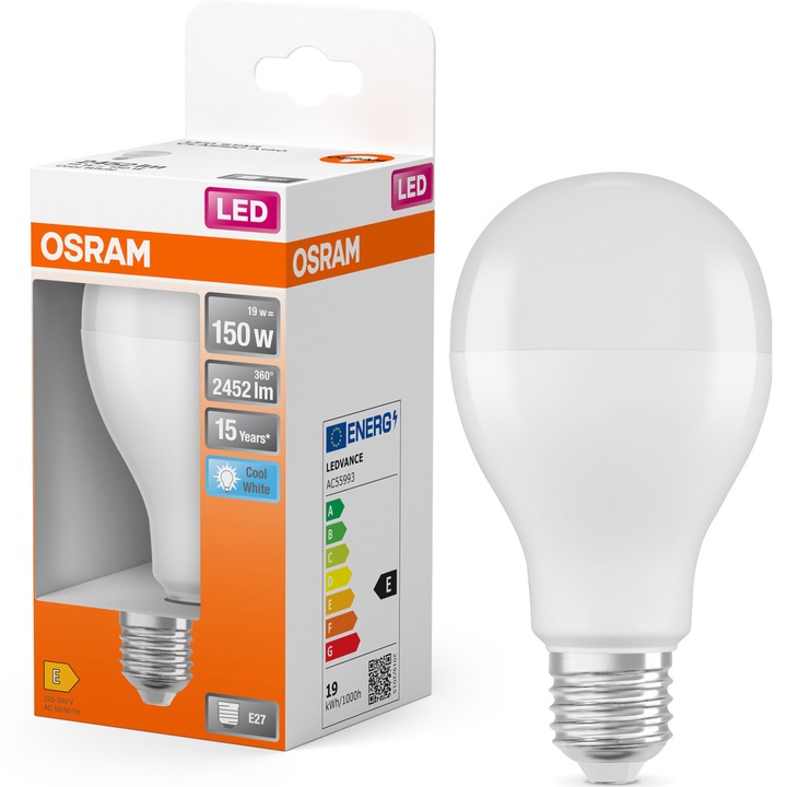 Крушка LED Osram Star, A150, E27, 19W (150W), 2452 лумена, Студена светлина (6500K), Енергиен клас E