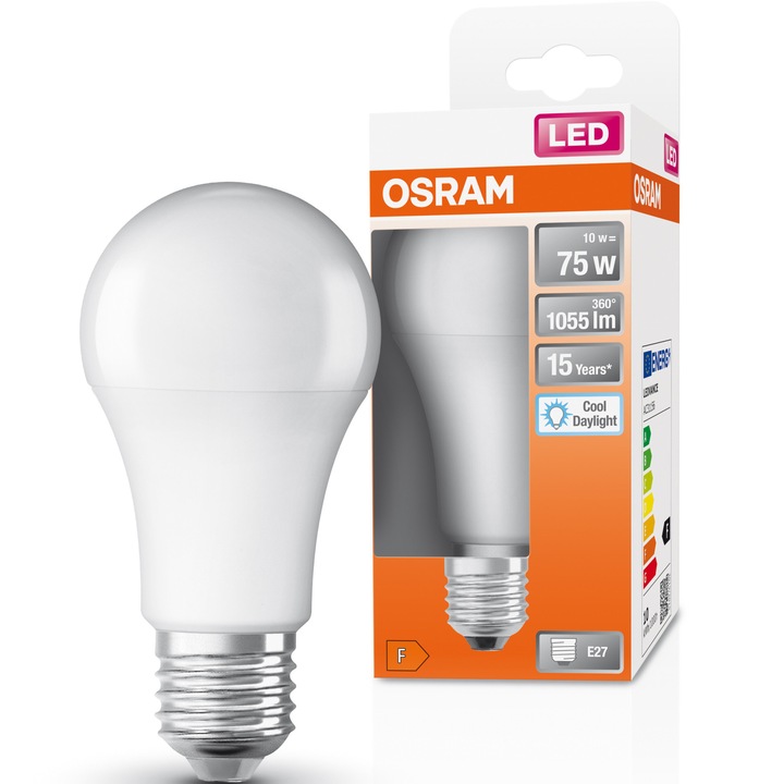 Крушка LED Osram Star, A75, E27, 10W (75W), 1055 лумена, Студена светлина (6500K), Енергиен клас F